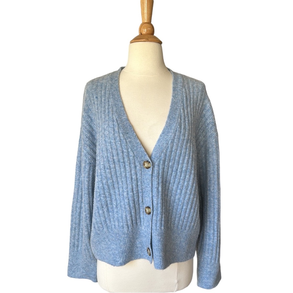 ZARA Ribbed Knit Boxy Cropped Cardigan Sweater, L